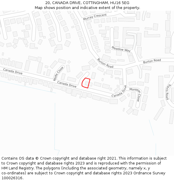 20, CANADA DRIVE, COTTINGHAM, HU16 5EG: Location map and indicative extent of plot