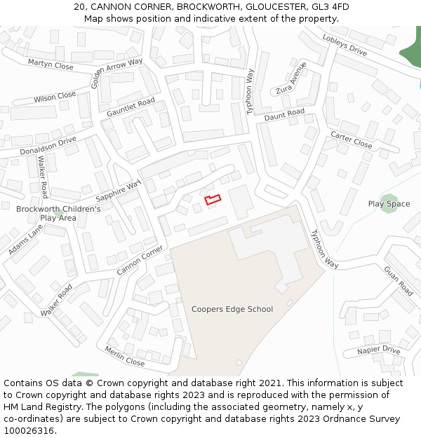 20, CANNON CORNER, BROCKWORTH, GLOUCESTER, GL3 4FD: Location map and indicative extent of plot