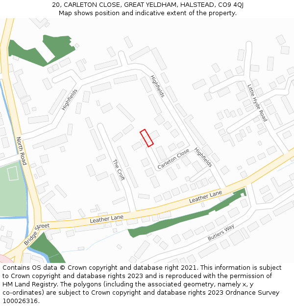 20, CARLETON CLOSE, GREAT YELDHAM, HALSTEAD, CO9 4QJ: Location map and indicative extent of plot