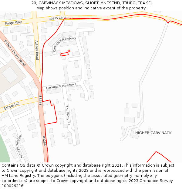 20, CARVINACK MEADOWS, SHORTLANESEND, TRURO, TR4 9FJ: Location map and indicative extent of plot