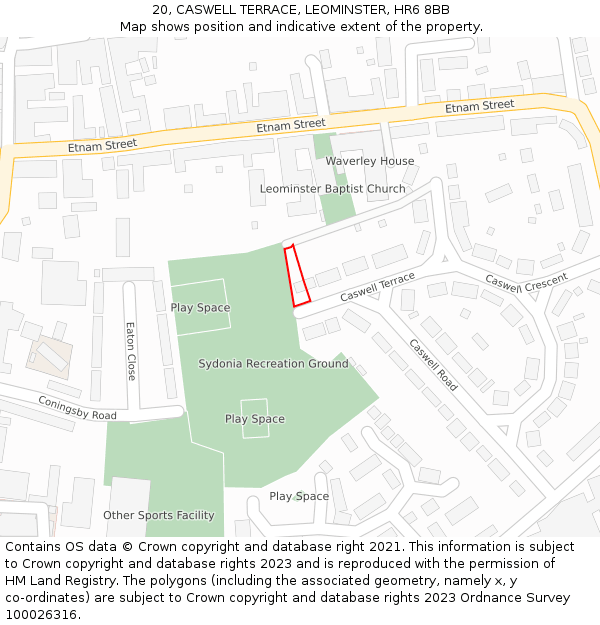 20, CASWELL TERRACE, LEOMINSTER, HR6 8BB: Location map and indicative extent of plot