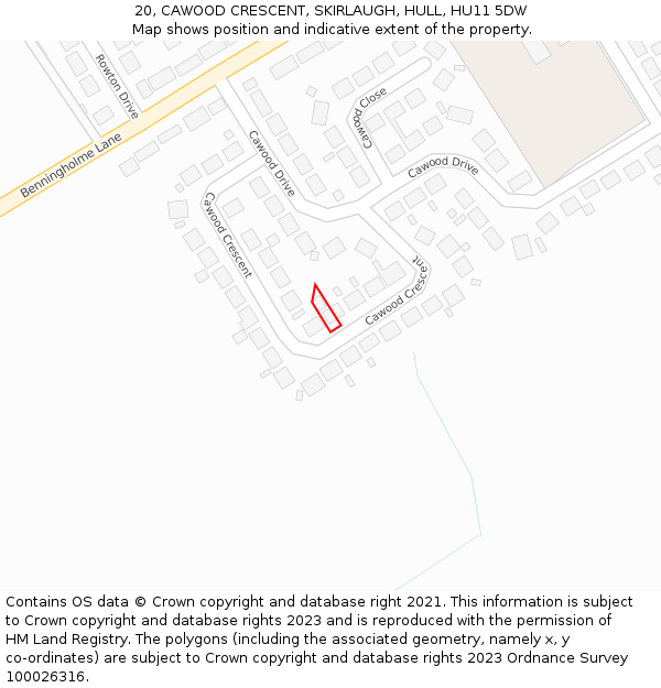 20, CAWOOD CRESCENT, SKIRLAUGH, HULL, HU11 5DW: Location map and indicative extent of plot