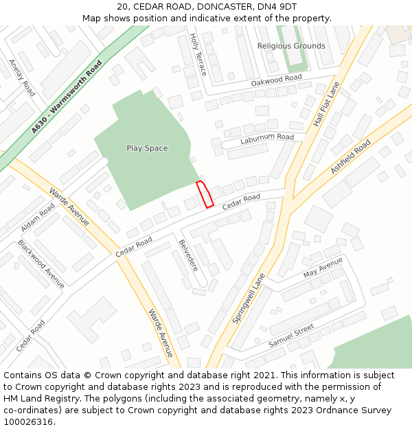 20, CEDAR ROAD, DONCASTER, DN4 9DT: Location map and indicative extent of plot