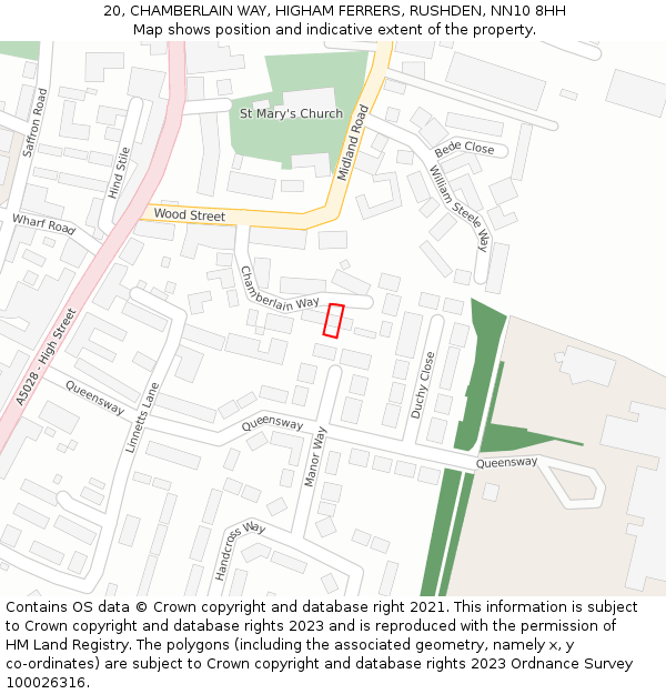 20, CHAMBERLAIN WAY, HIGHAM FERRERS, RUSHDEN, NN10 8HH: Location map and indicative extent of plot