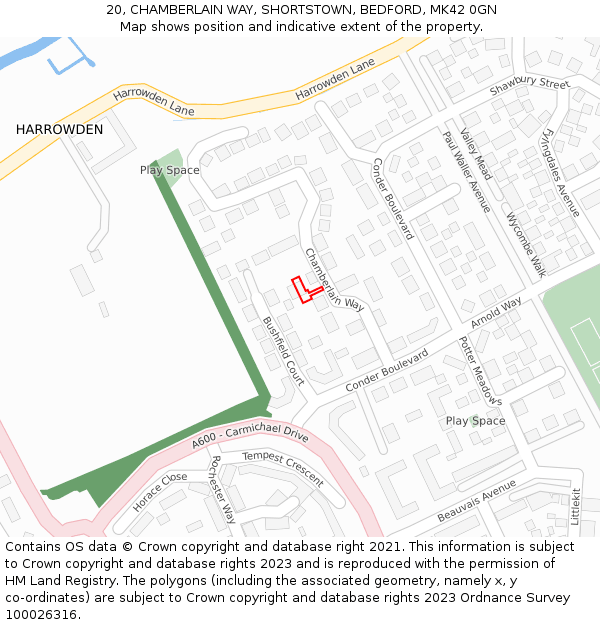 20, CHAMBERLAIN WAY, SHORTSTOWN, BEDFORD, MK42 0GN: Location map and indicative extent of plot