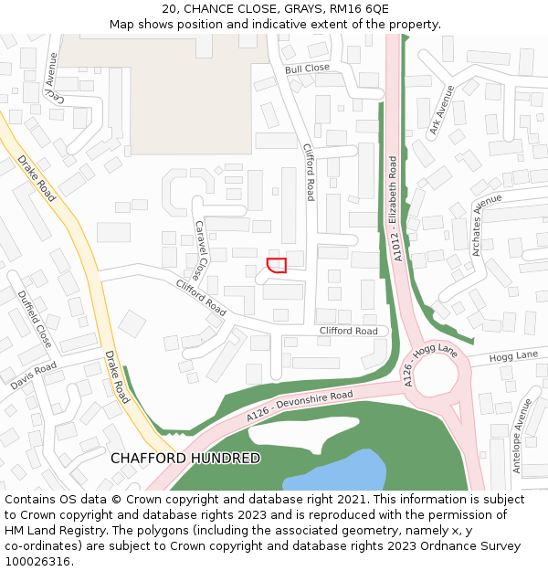 20, CHANCE CLOSE, GRAYS, RM16 6QE: Location map and indicative extent of plot