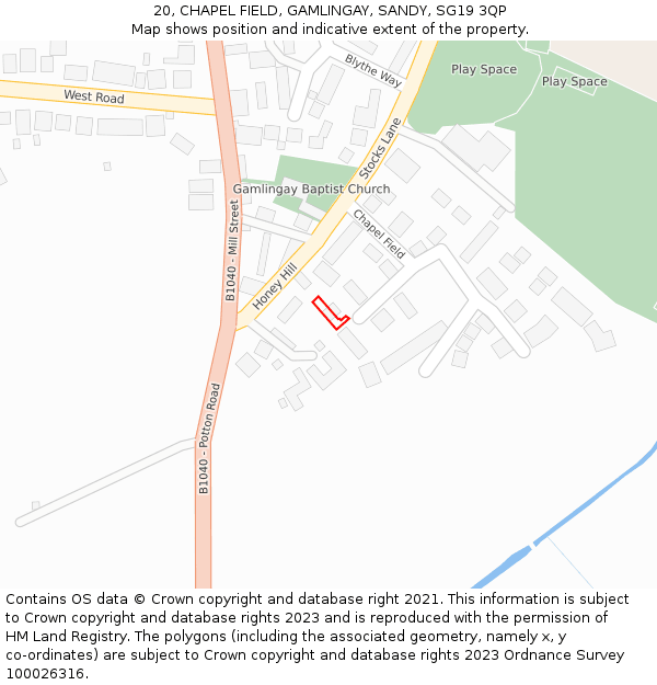 20, CHAPEL FIELD, GAMLINGAY, SANDY, SG19 3QP: Location map and indicative extent of plot