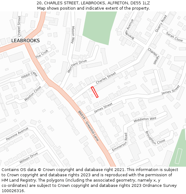 20, CHARLES STREET, LEABROOKS, ALFRETON, DE55 1LZ: Location map and indicative extent of plot