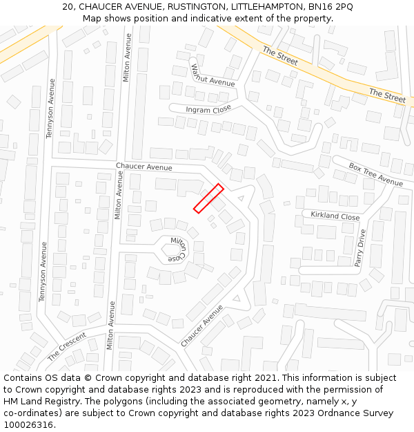 20, CHAUCER AVENUE, RUSTINGTON, LITTLEHAMPTON, BN16 2PQ: Location map and indicative extent of plot