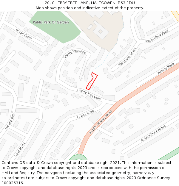 20, CHERRY TREE LANE, HALESOWEN, B63 1DU: Location map and indicative extent of plot