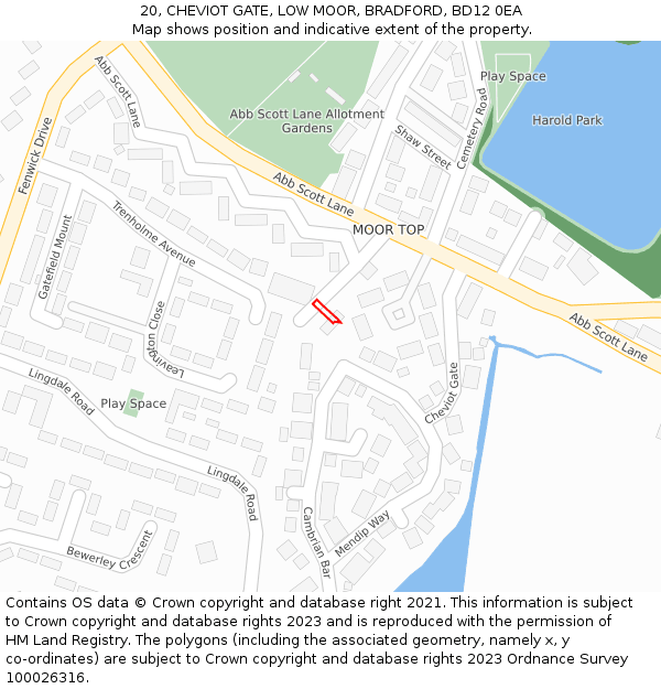 20, CHEVIOT GATE, LOW MOOR, BRADFORD, BD12 0EA: Location map and indicative extent of plot