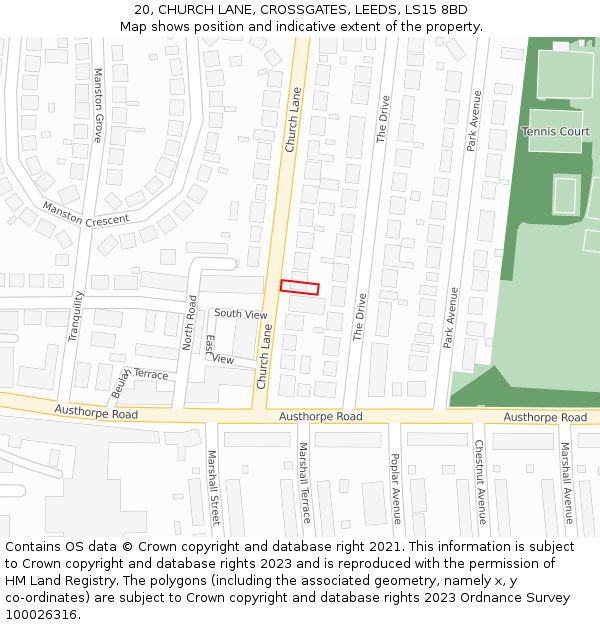 20, CHURCH LANE, CROSSGATES, LEEDS, LS15 8BD: Location map and indicative extent of plot