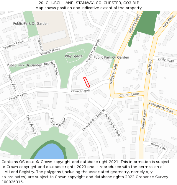 20, CHURCH LANE, STANWAY, COLCHESTER, CO3 8LP: Location map and indicative extent of plot