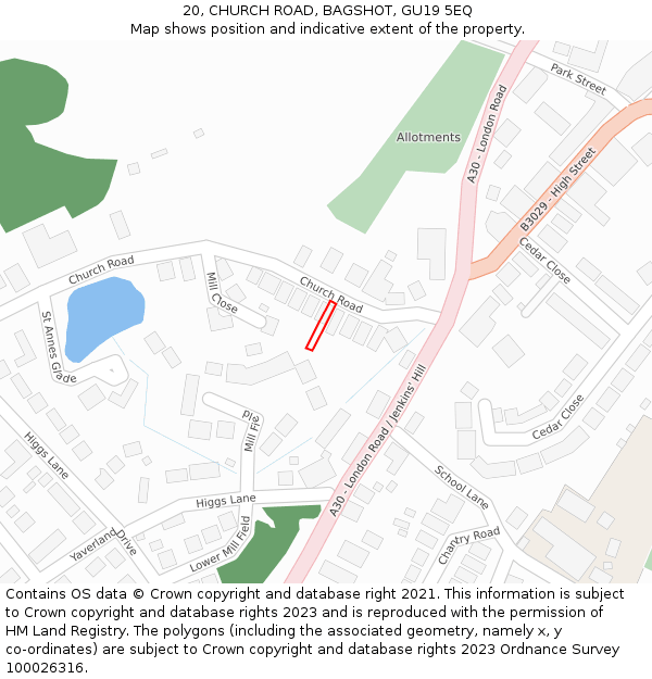 20, CHURCH ROAD, BAGSHOT, GU19 5EQ: Location map and indicative extent of plot