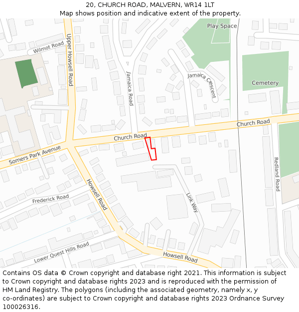 20, CHURCH ROAD, MALVERN, WR14 1LT: Location map and indicative extent of plot