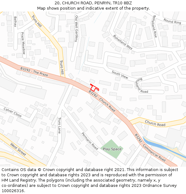 20, CHURCH ROAD, PENRYN, TR10 8BZ: Location map and indicative extent of plot