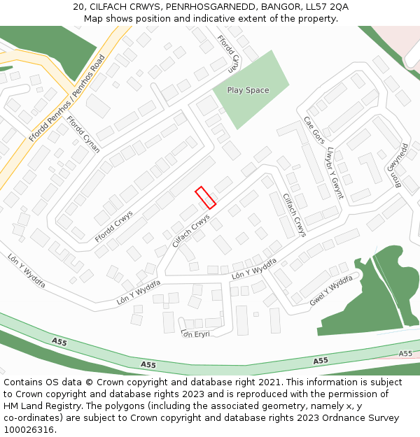 20, CILFACH CRWYS, PENRHOSGARNEDD, BANGOR, LL57 2QA: Location map and indicative extent of plot