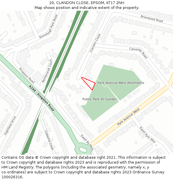 20, CLANDON CLOSE, EPSOM, KT17 2NH: Location map and indicative extent of plot