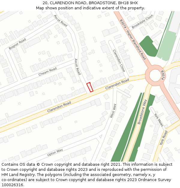 20, CLARENDON ROAD, BROADSTONE, BH18 9HX: Location map and indicative extent of plot