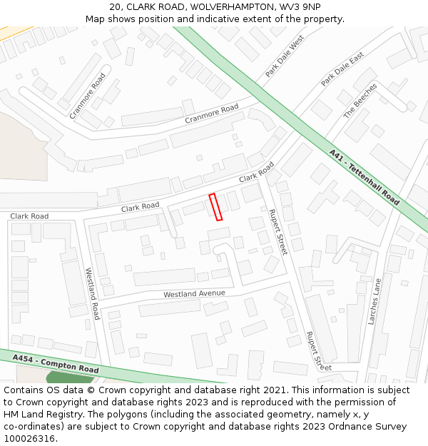 20, CLARK ROAD, WOLVERHAMPTON, WV3 9NP: Location map and indicative extent of plot