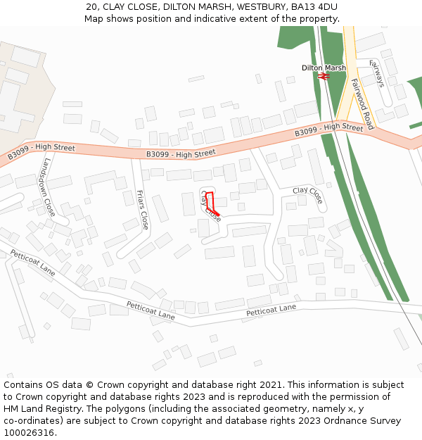 20, CLAY CLOSE, DILTON MARSH, WESTBURY, BA13 4DU: Location map and indicative extent of plot