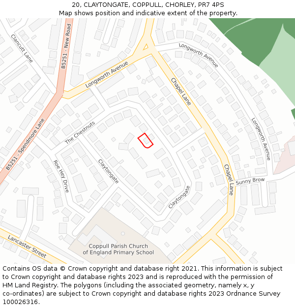 20, CLAYTONGATE, COPPULL, CHORLEY, PR7 4PS: Location map and indicative extent of plot