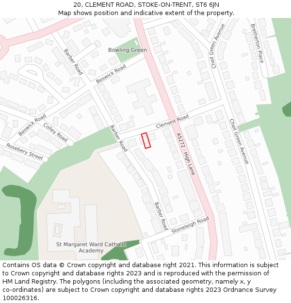 20, CLEMENT ROAD, STOKE-ON-TRENT, ST6 6JN: Location map and indicative extent of plot