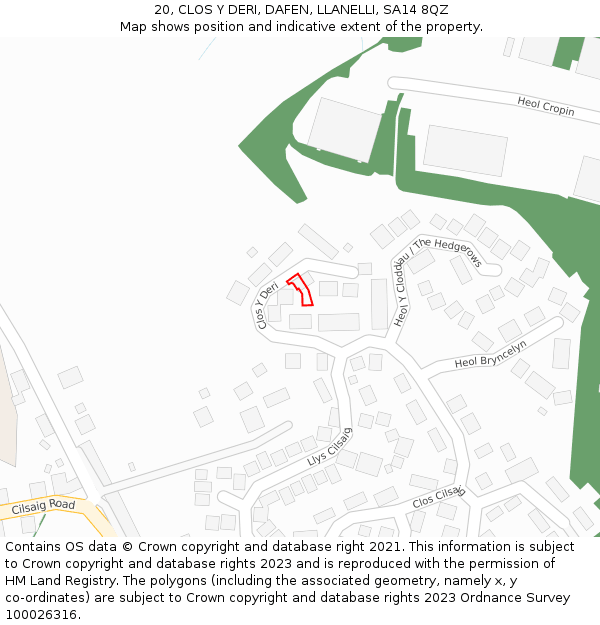 20, CLOS Y DERI, DAFEN, LLANELLI, SA14 8QZ: Location map and indicative extent of plot