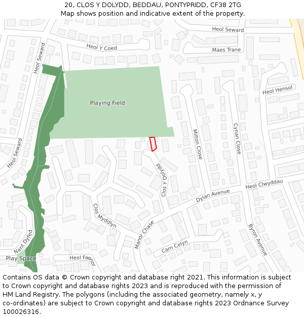 20, CLOS Y DOLYDD, BEDDAU, PONTYPRIDD, CF38 2TG: Location map and indicative extent of plot