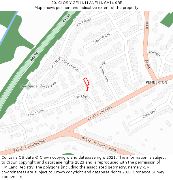 20, CLOS Y GELLI, LLANELLI, SA14 9BB: Location map and indicative extent of plot