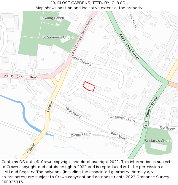 20, CLOSE GARDENS, TETBURY, GL8 8DU: Location map and indicative extent of plot