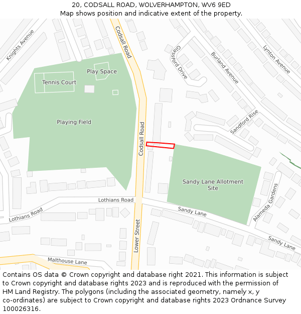 20, CODSALL ROAD, WOLVERHAMPTON, WV6 9ED: Location map and indicative extent of plot