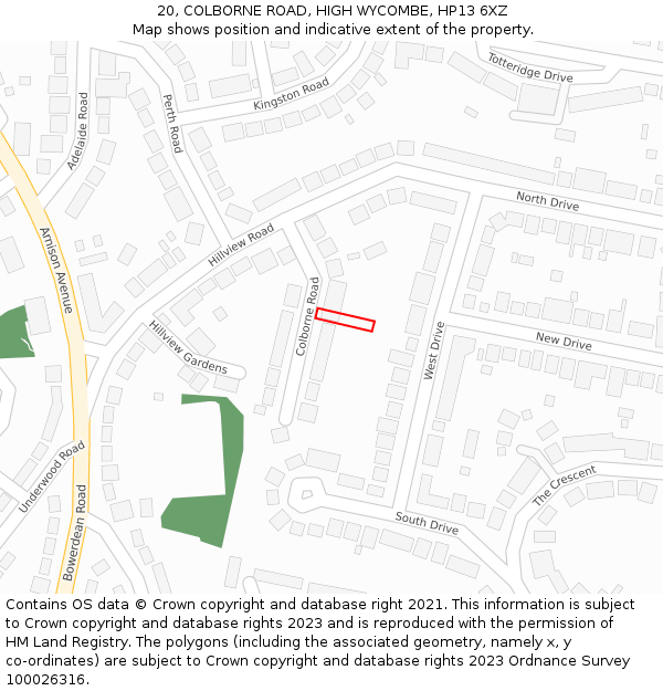 20, COLBORNE ROAD, HIGH WYCOMBE, HP13 6XZ: Location map and indicative extent of plot