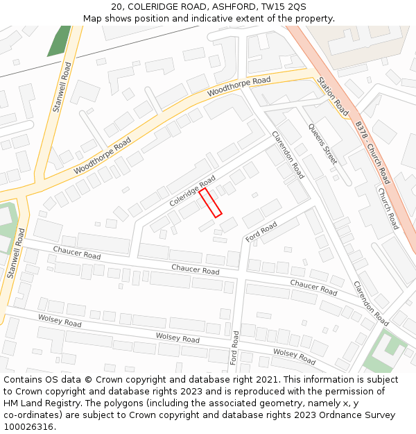 20, COLERIDGE ROAD, ASHFORD, TW15 2QS: Location map and indicative extent of plot