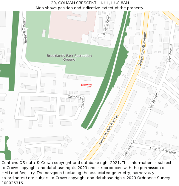 20, COLMAN CRESCENT, HULL, HU8 8AN: Location map and indicative extent of plot