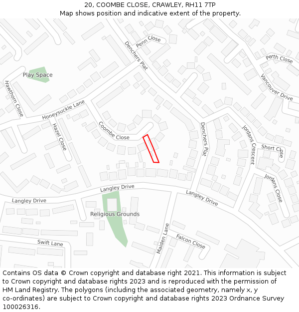 20, COOMBE CLOSE, CRAWLEY, RH11 7TP: Location map and indicative extent of plot