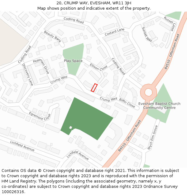 20, CRUMP WAY, EVESHAM, WR11 3JH: Location map and indicative extent of plot