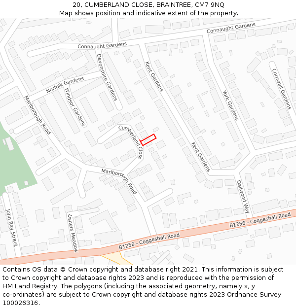 20, CUMBERLAND CLOSE, BRAINTREE, CM7 9NQ: Location map and indicative extent of plot