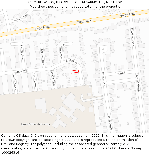 20, CURLEW WAY, BRADWELL, GREAT YARMOUTH, NR31 8QX: Location map and indicative extent of plot