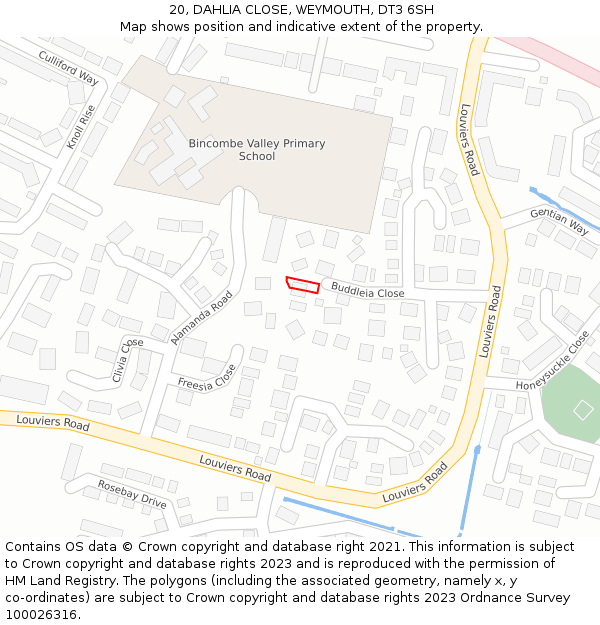 20, DAHLIA CLOSE, WEYMOUTH, DT3 6SH: Location map and indicative extent of plot