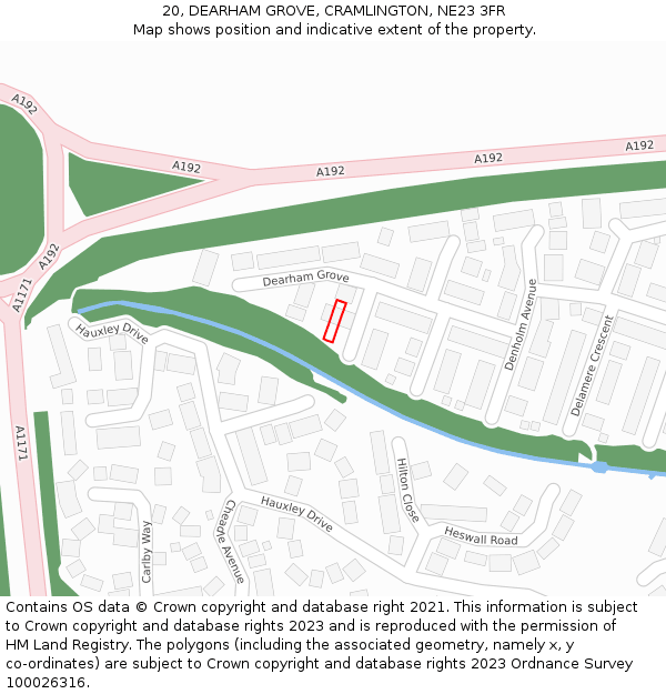 20, DEARHAM GROVE, CRAMLINGTON, NE23 3FR: Location map and indicative extent of plot