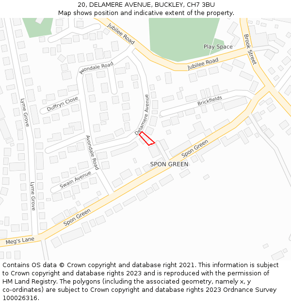 20, DELAMERE AVENUE, BUCKLEY, CH7 3BU: Location map and indicative extent of plot