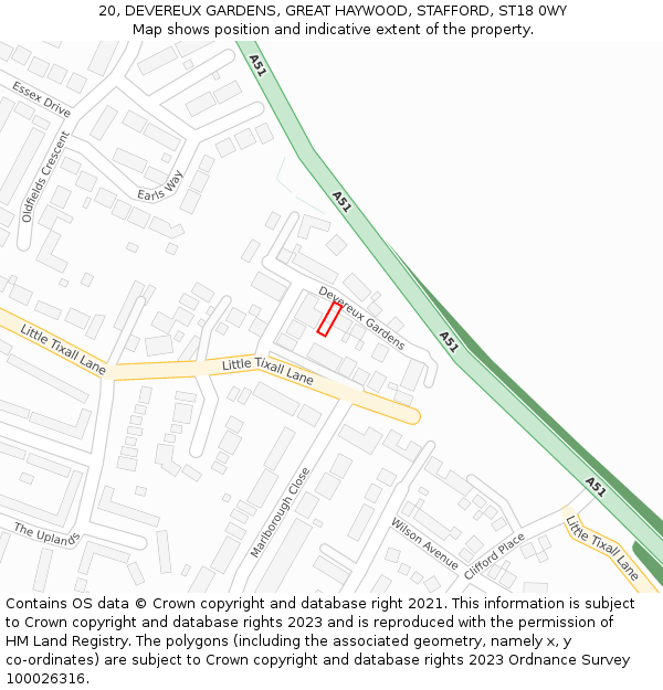 20, DEVEREUX GARDENS, GREAT HAYWOOD, STAFFORD, ST18 0WY: Location map and indicative extent of plot