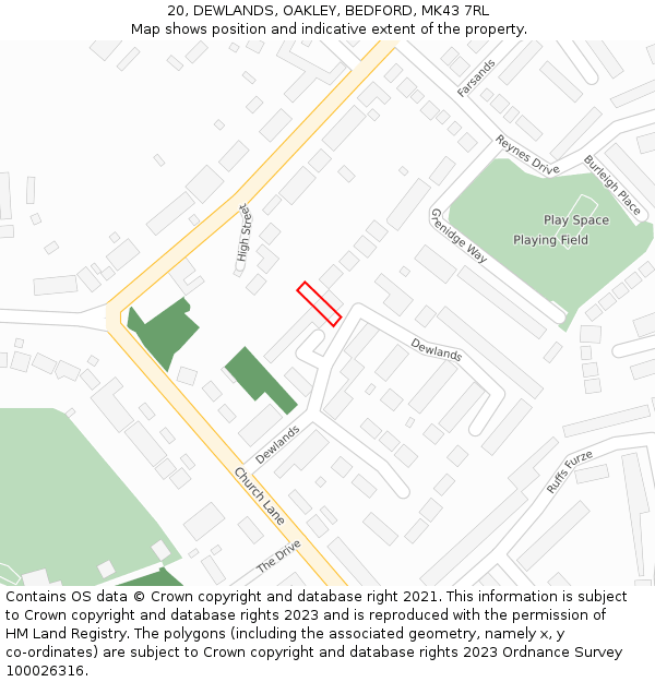 20, DEWLANDS, OAKLEY, BEDFORD, MK43 7RL: Location map and indicative extent of plot