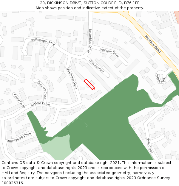 20, DICKINSON DRIVE, SUTTON COLDFIELD, B76 1FP: Location map and indicative extent of plot