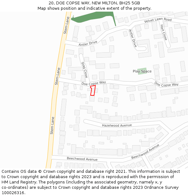 20, DOE COPSE WAY, NEW MILTON, BH25 5GB: Location map and indicative extent of plot