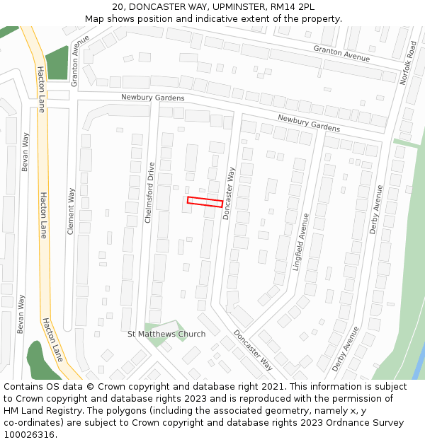 20, DONCASTER WAY, UPMINSTER, RM14 2PL: Location map and indicative extent of plot