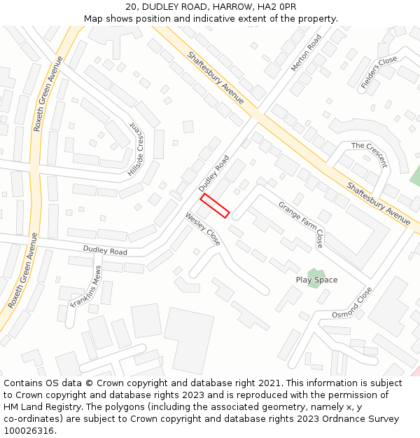 20, DUDLEY ROAD, HARROW, HA2 0PR: Location map and indicative extent of plot