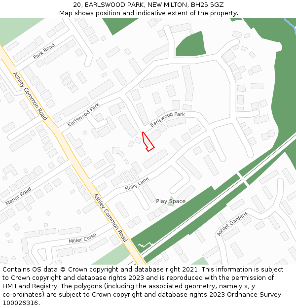 20, EARLSWOOD PARK, NEW MILTON, BH25 5GZ: Location map and indicative extent of plot