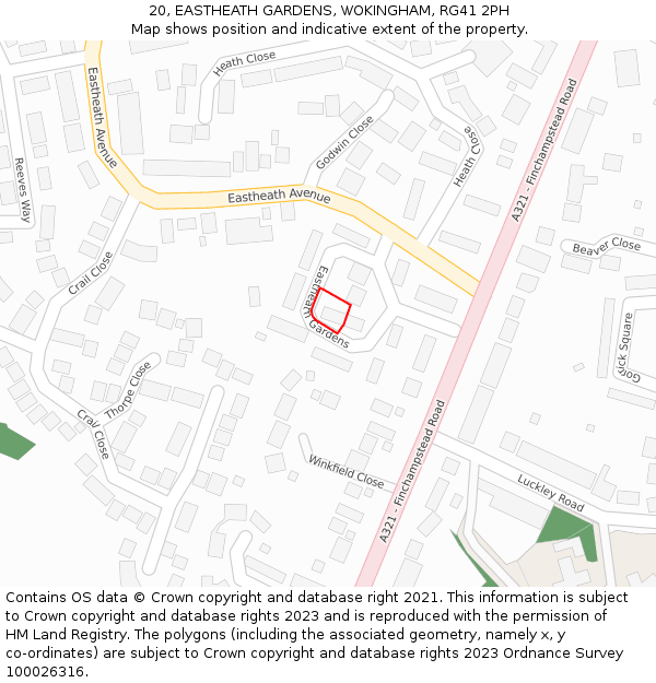 20, EASTHEATH GARDENS, WOKINGHAM, RG41 2PH: Location map and indicative extent of plot